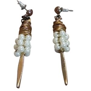 Drop Earrings Dangling Hand Crafted Goldtone and White Pearl Drop Earrings